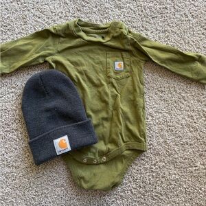 Carhartt Olive Baby Boy Onesie & Beanie Set